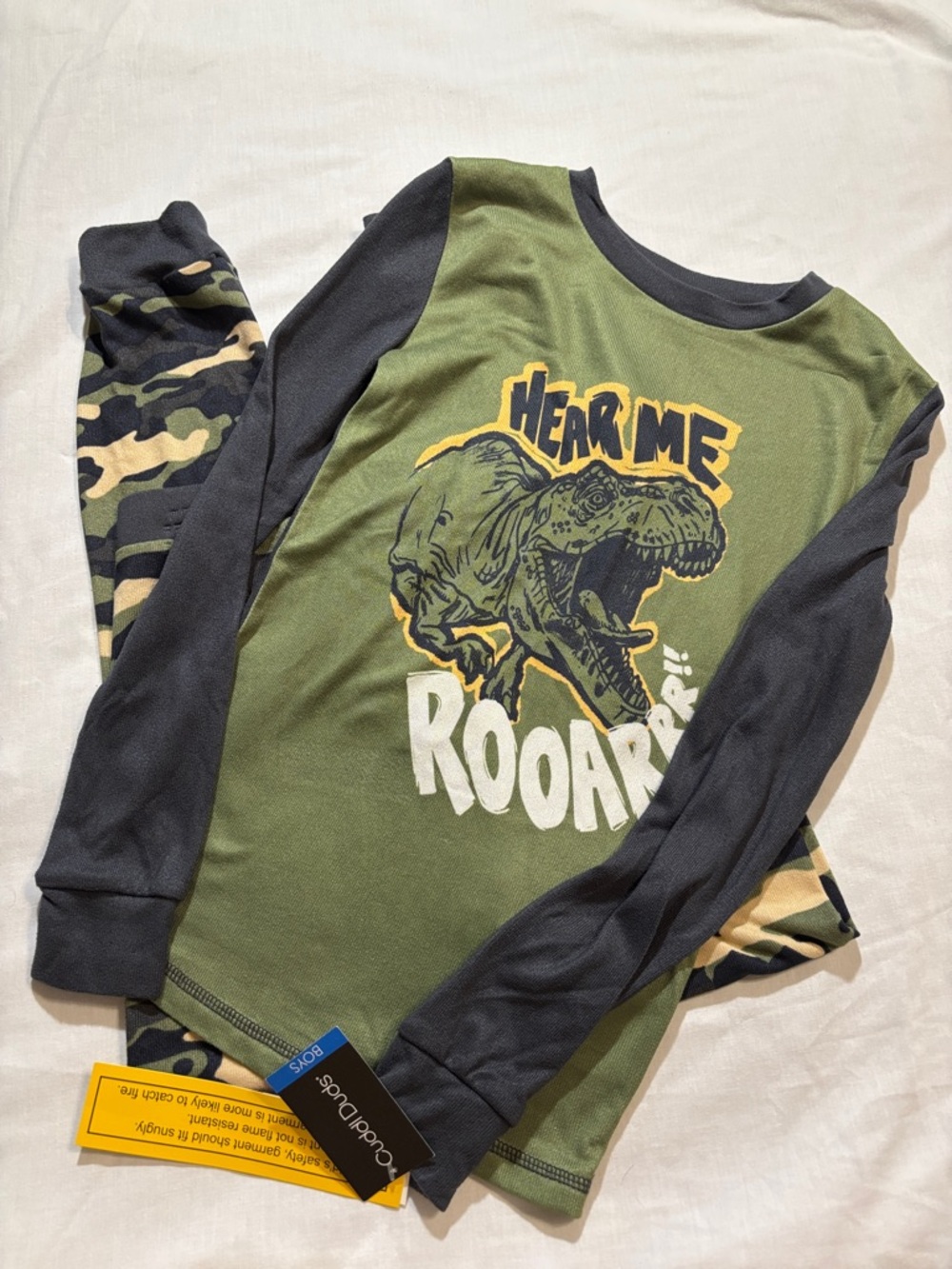 Cuddl Duds Kids Green Camo Dinosaur 'Hear Me Roar' Long Sleeve Pajamas